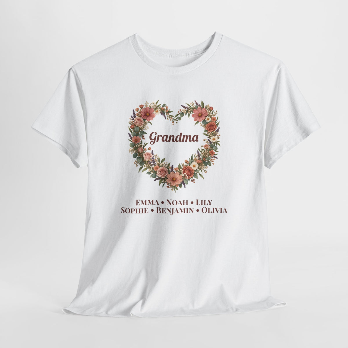 White Personalized Grandma T-Shirt With Grandkids Names, front view on a light grey background