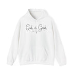 White God Is Good All The Time Hoodie with God Is Good in flowing script and a small cross, front view