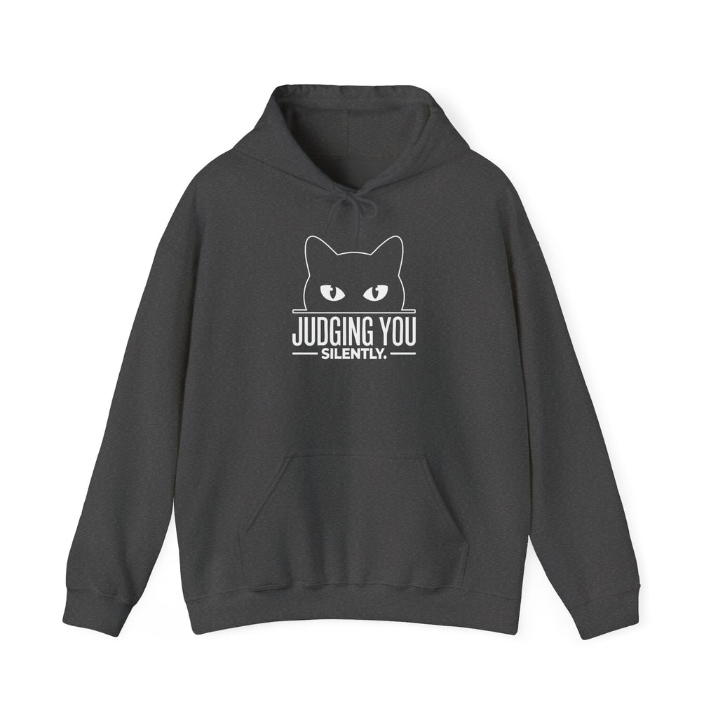 Dark Heather Judging You Silently Cat Hoodie with a black cat peeking over the words Judging You Silently, front view