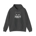 Dark Heather Judging You Silently Cat Hoodie with a black cat peeking over the words Judging You Silently, front view