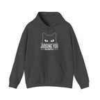 Dark Heather Judging You Silently Cat Hoodie with a black cat peeking over the words Judging You Silently, front view