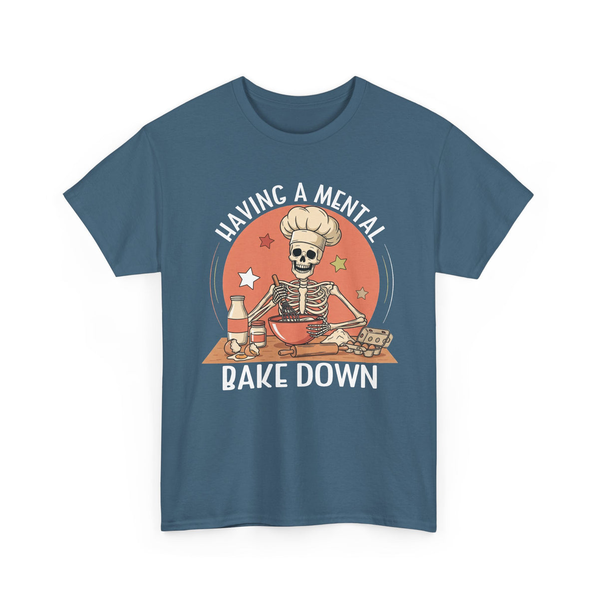 Indigo Blue Having A Mental Bake Down skeleton baker t-shirt, front view