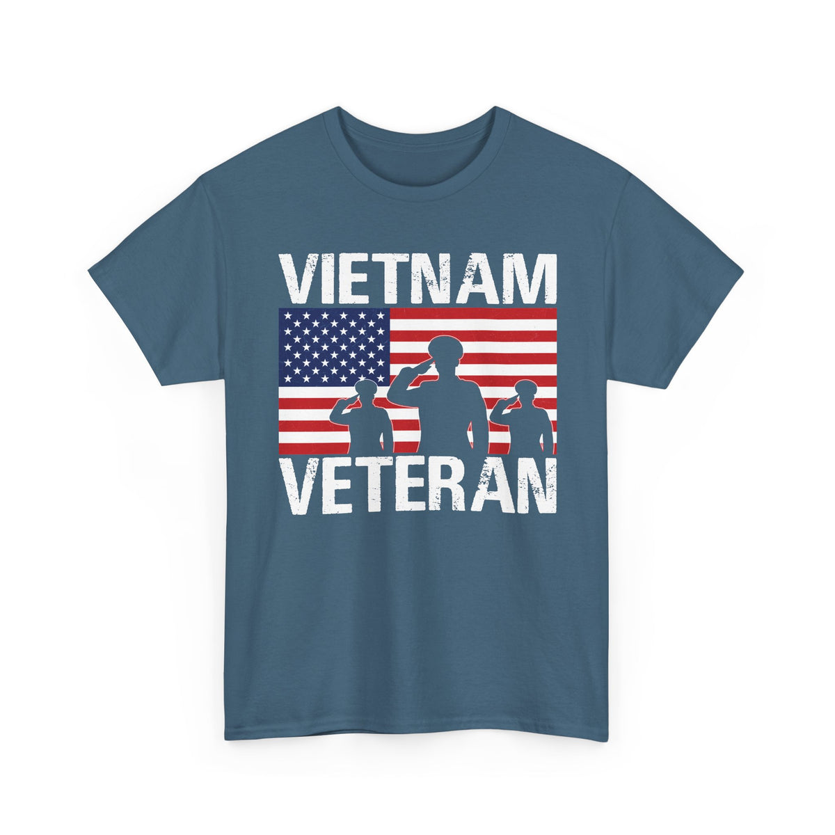 Indigo Blue Vietnam Veteran American flag soldiers t-shirt, front view
