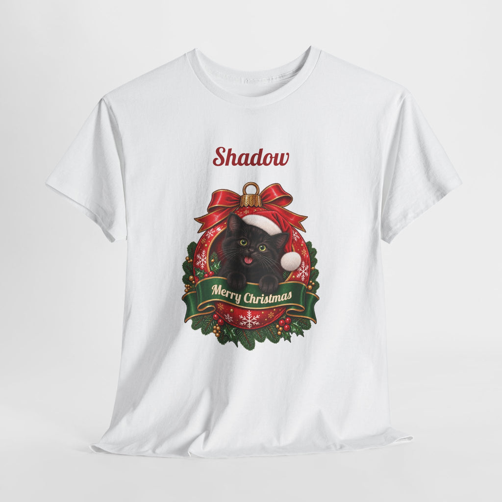 White Personalized Black Cat Christmas T-Shirt, close-up of the print