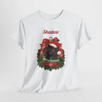 White Personalized Black Cat Christmas T-Shirt, close-up of the print