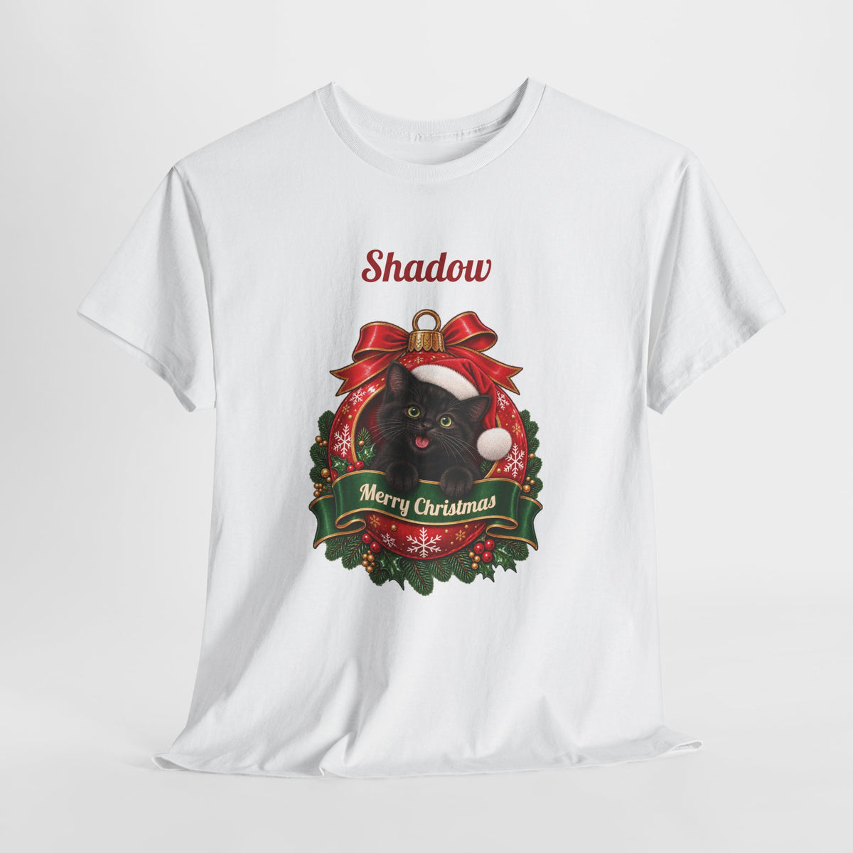 White Personalized Black Cat Christmas T-Shirt, close-up of the print
