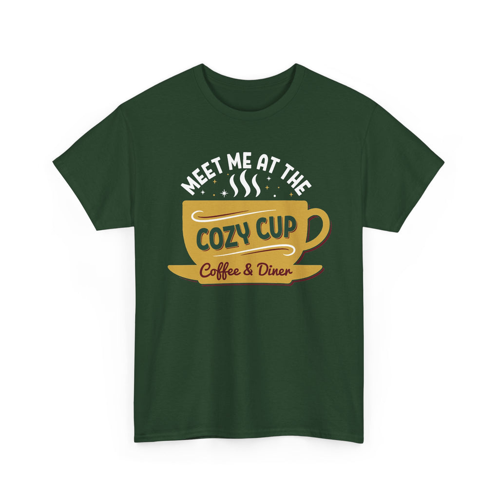 Forest Green Meet Me At The Cozy Cup t-shirt with a steaming golden coffee cup and retro diner lettering, front view