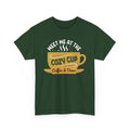 Forest Green Meet Me At The Cozy Cup t-shirt with a steaming golden coffee cup and retro diner lettering, front view