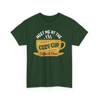 Forest Green Meet Me At The Cozy Cup t-shirt with a steaming golden coffee cup and retro diner lettering, front view