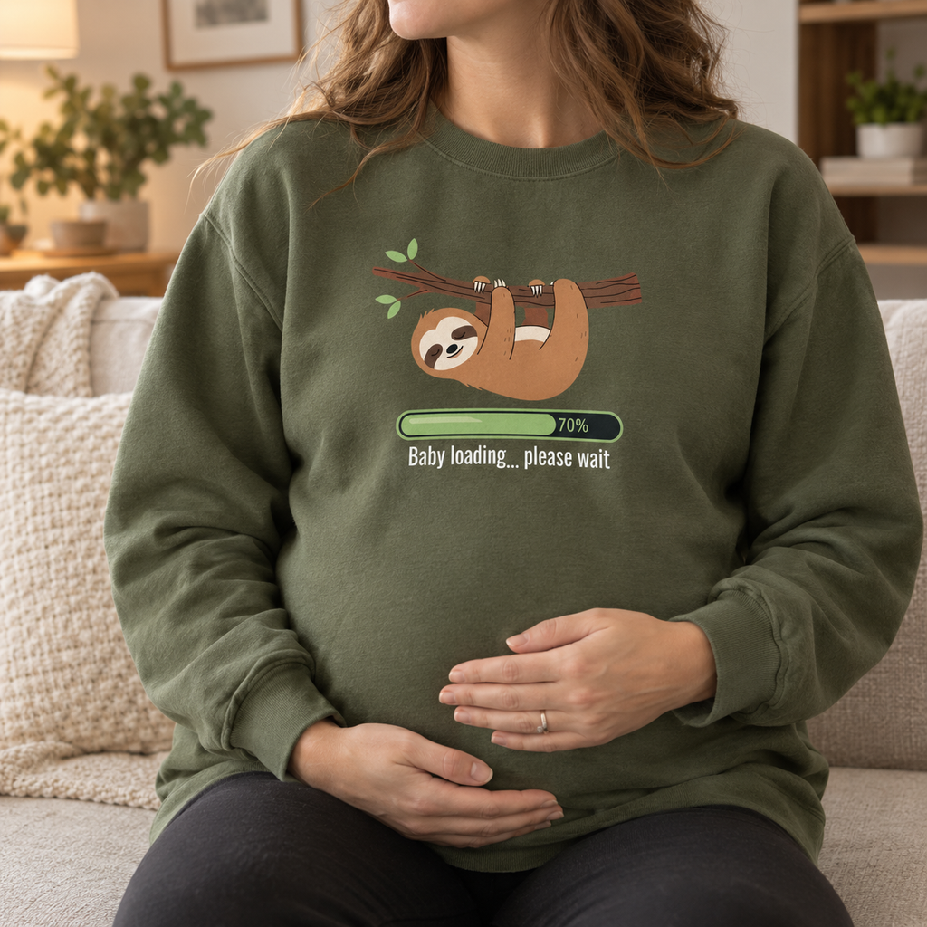 Model wearing the Baby Loading Please Wait Sloth Sweatshirt