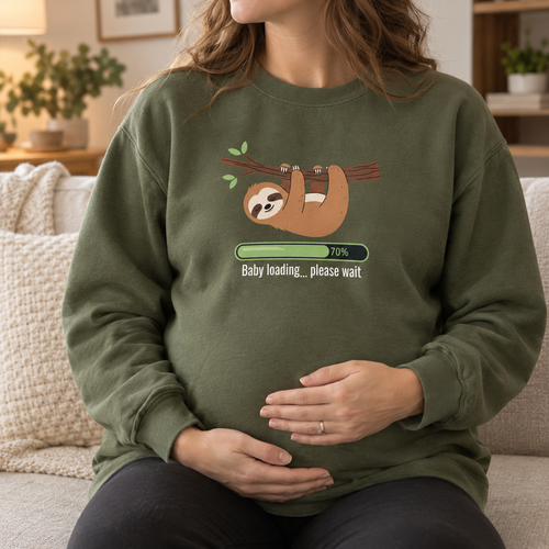 Model wearing the Baby Loading Please Wait Sloth Sweatshirt