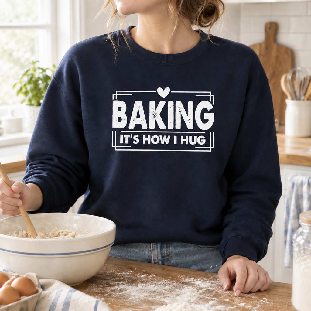 Woman wearing the navy Baking It's How I Hug Sweatshirt in a kitchen