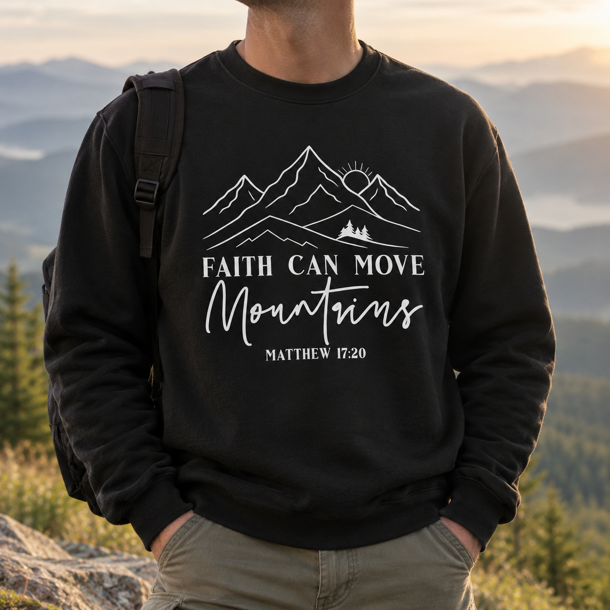Model wearing the Faith Can Move Mountains Sweatshirt