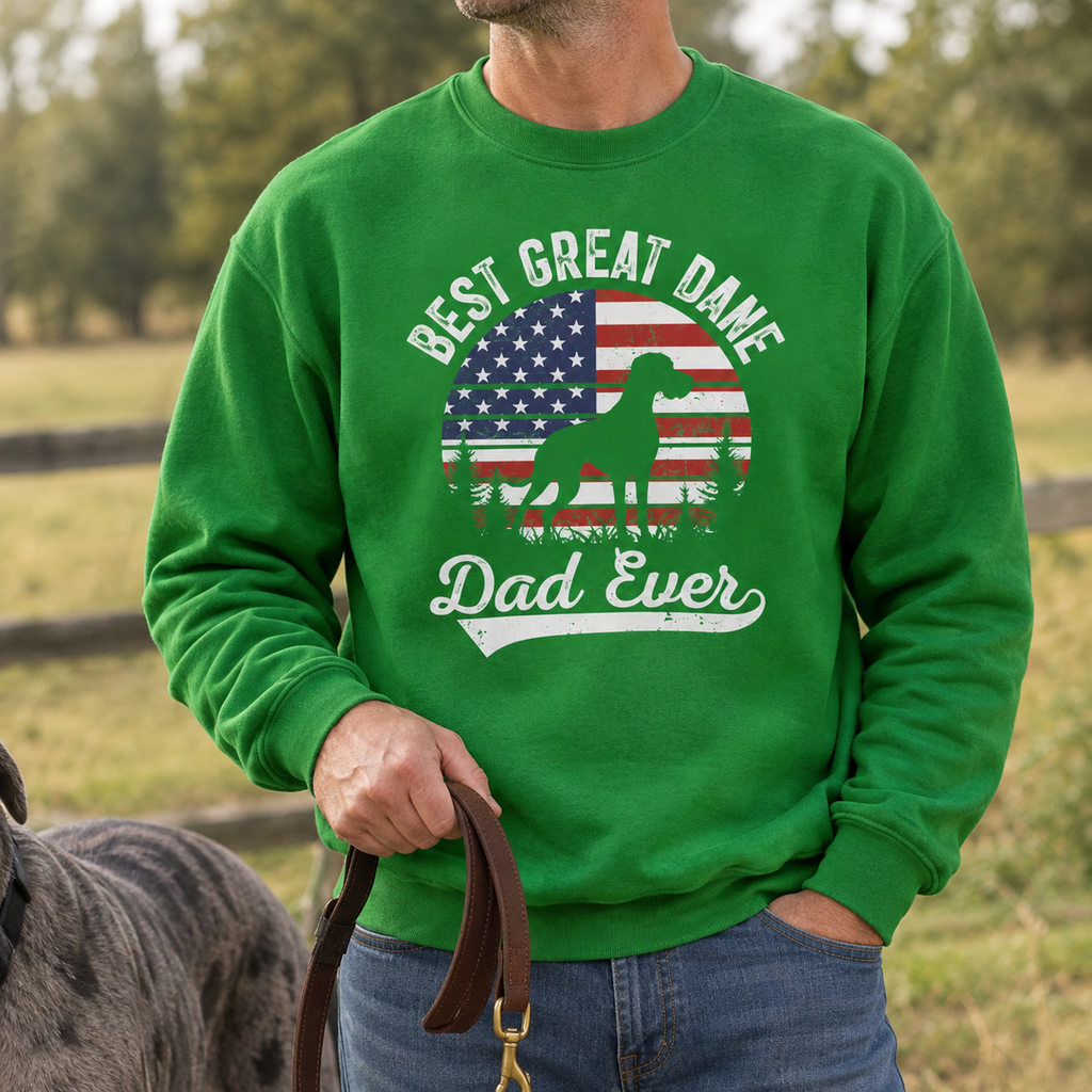 Man wearing the green Best Great Dane Dad Ever Sweatshirt holding a dog leash