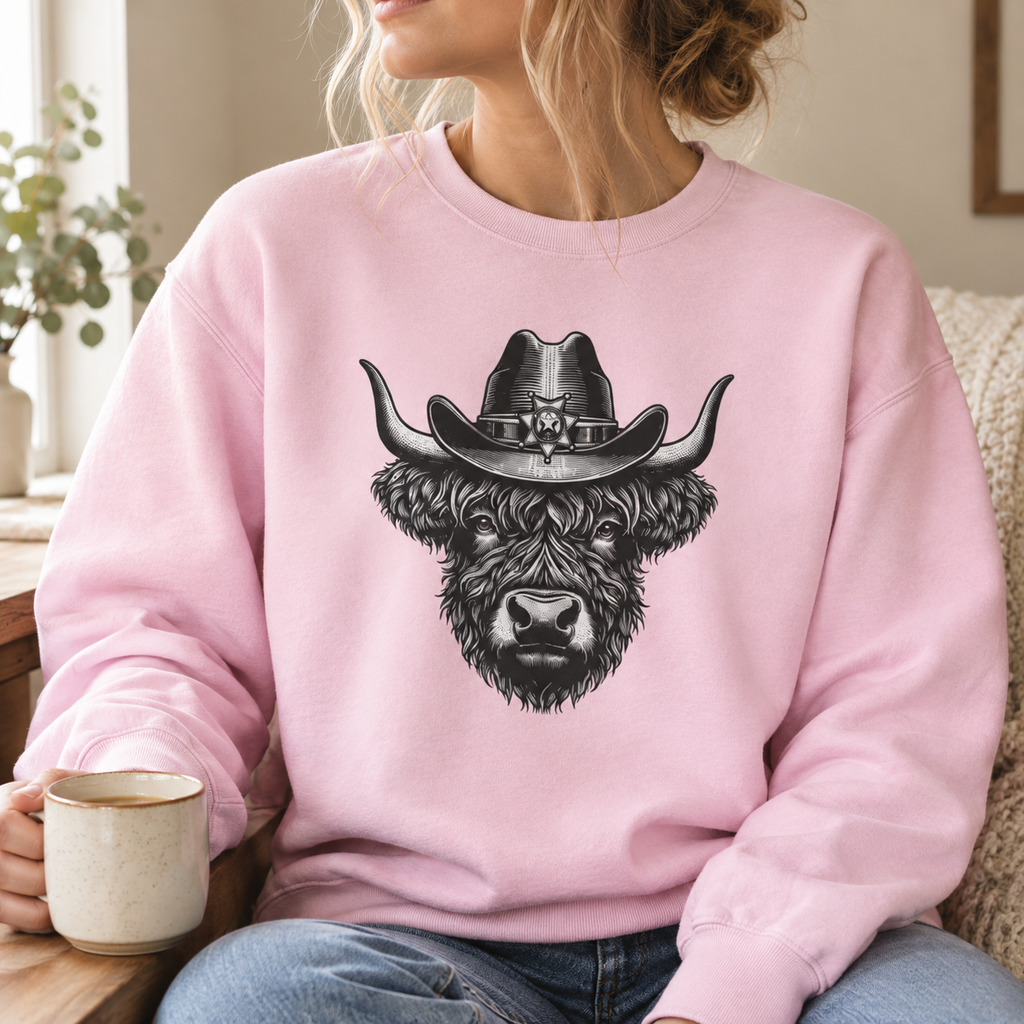 Model wearing the Highland Cow Cowboy Hat Sweatshirt