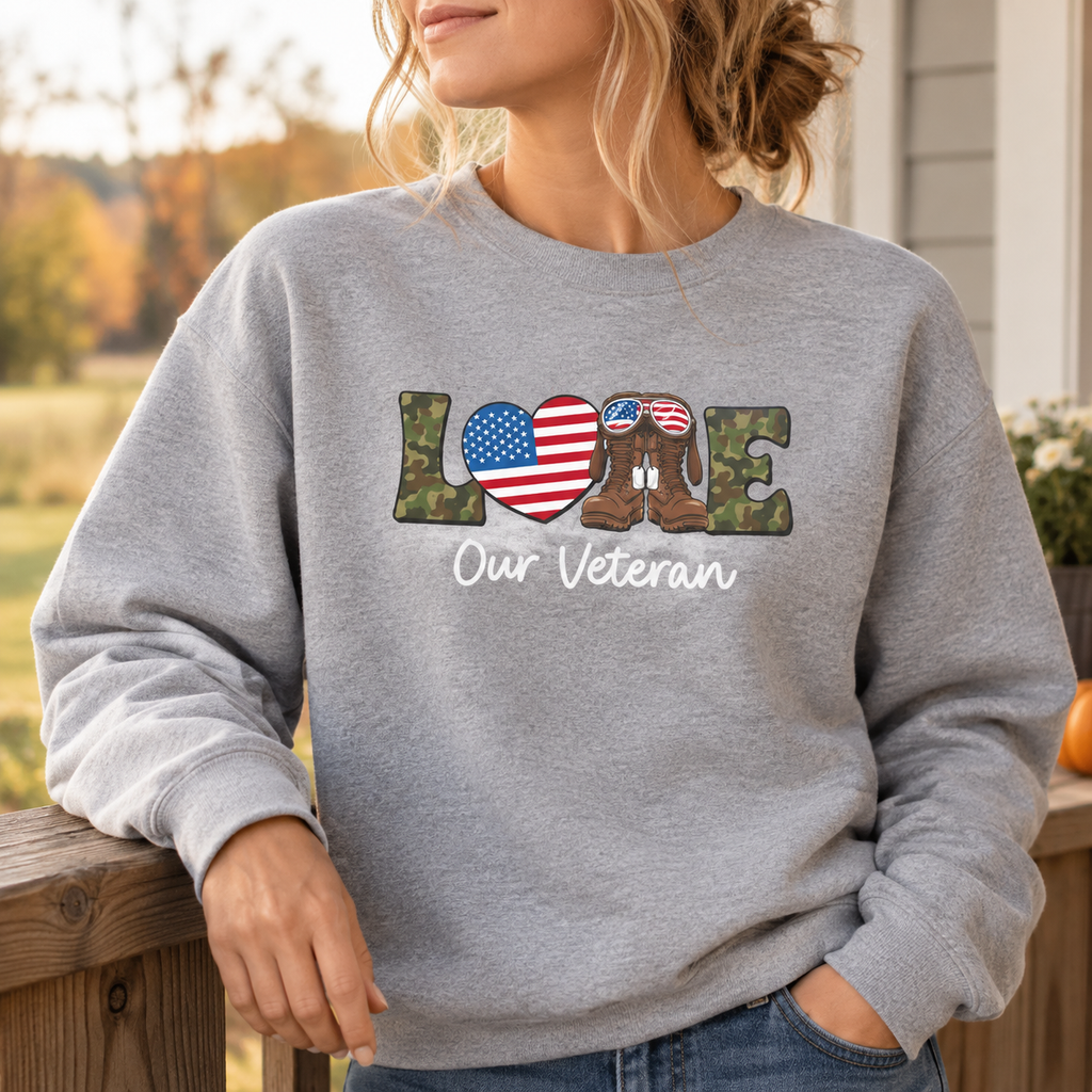 Model wearing the Love Our Veteran Sweatshirt