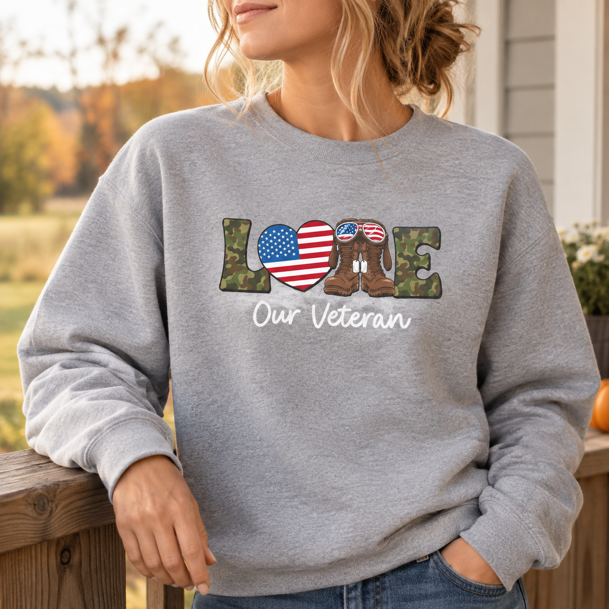 Model wearing the Love Our Veteran Sweatshirt