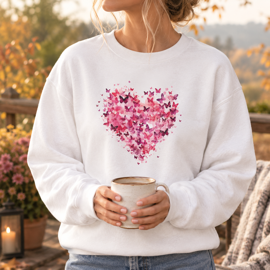 Model wearing the Pink Butterfly Heart Sweatshirt