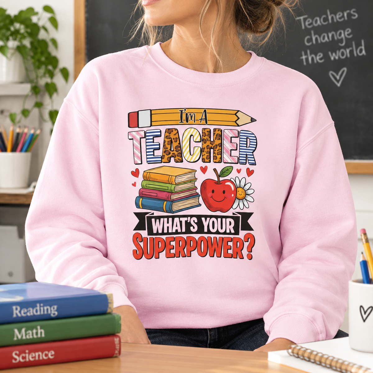 Woman wearing the light pink I'm A Teacher What's Your Superpower Sweatshirt by a chalkboard