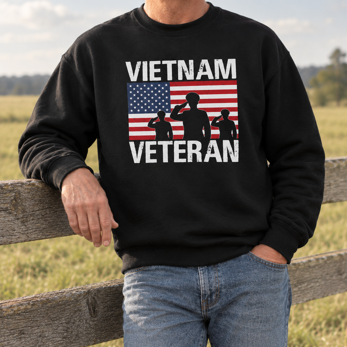Model wearing the Vietnam Veteran American Flag Sweatshirt