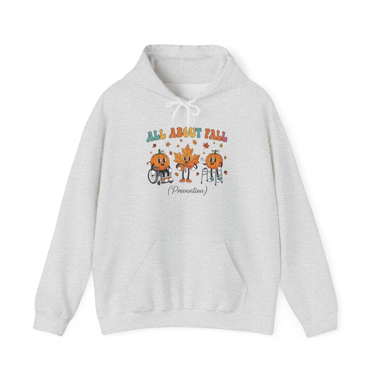 Ash grey All About Fall Prevention hoodie with retro pumpkin and leaf characters