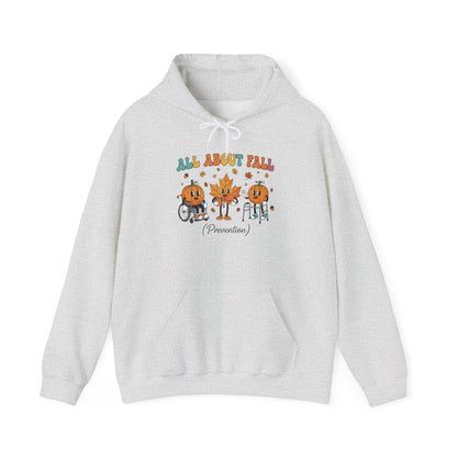 Ash grey All About Fall Prevention hoodie with retro pumpkin and leaf characters