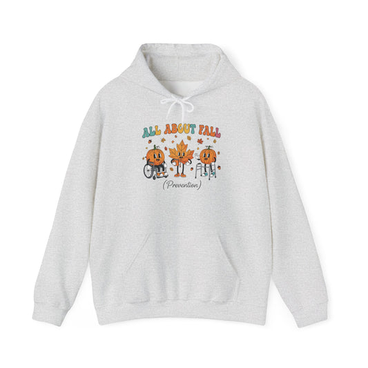 Ash grey All About Fall Prevention hoodie with retro pumpkin and leaf characters
