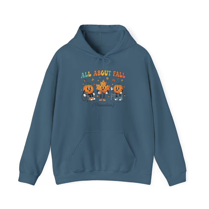 Indigo blue All About Fall Prevention hoodie with retro pumpkin and leaf characters