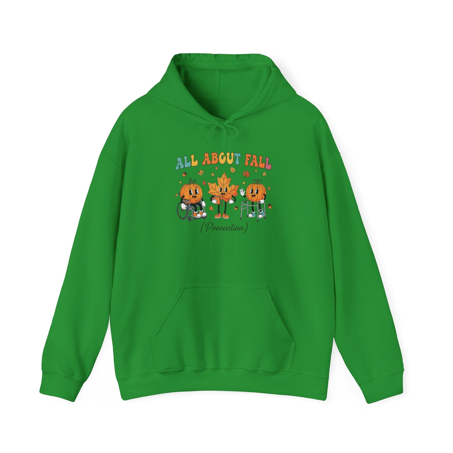 Irish green All About Fall Prevention hoodie with retro pumpkin and leaf characters