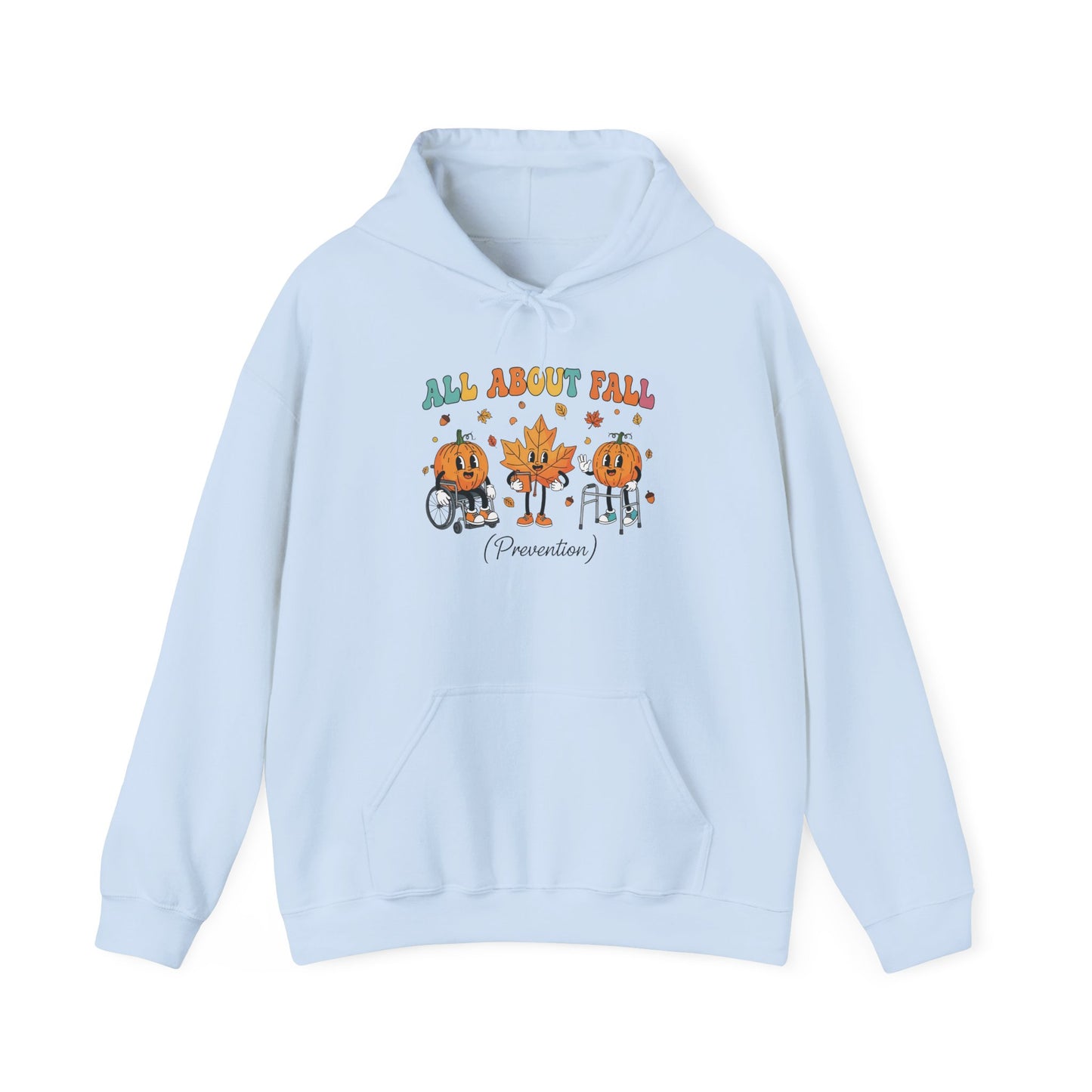 Light blue All About Fall Prevention hoodie with retro pumpkin and leaf characters