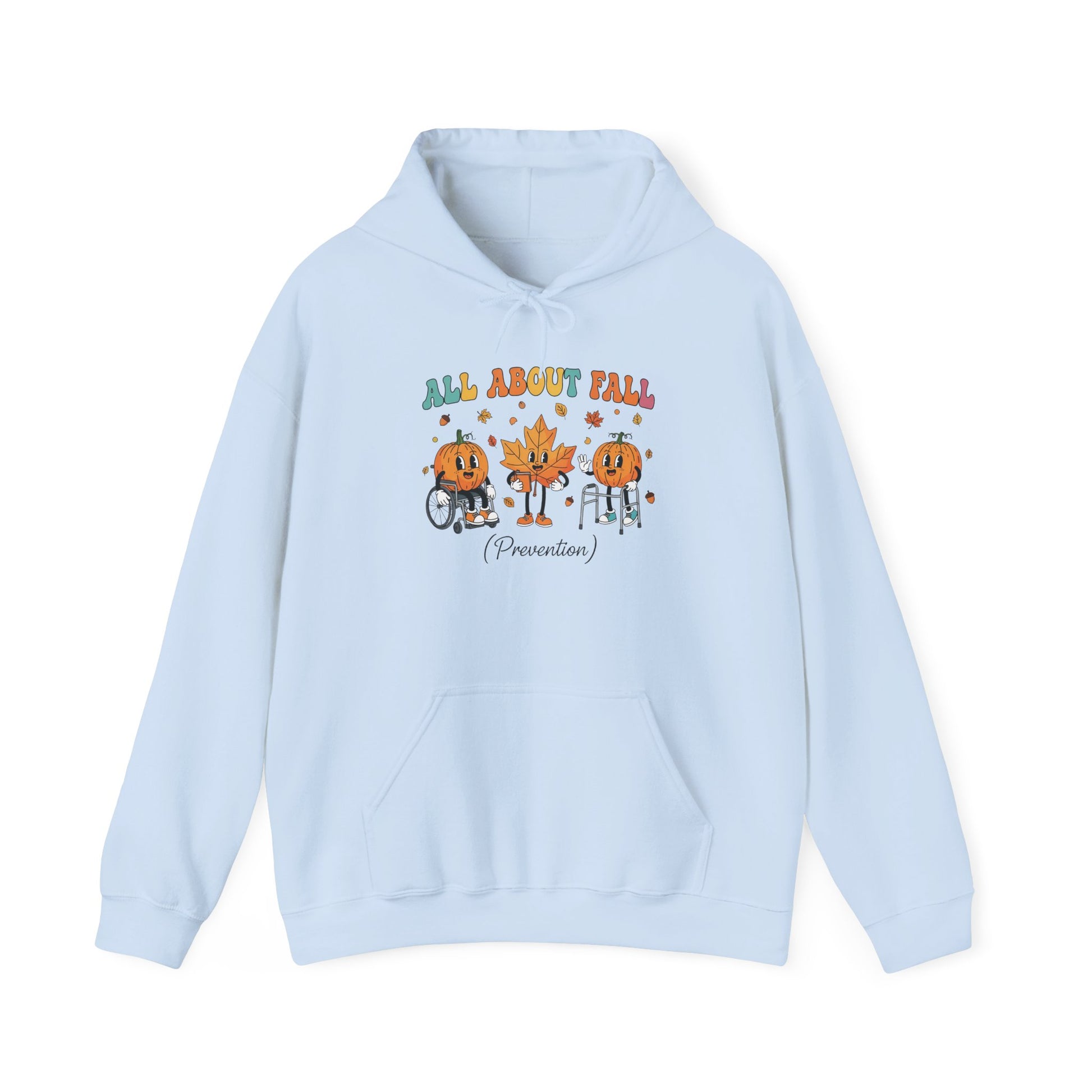 Light blue All About Fall Prevention hoodie with retro pumpkin and leaf characters