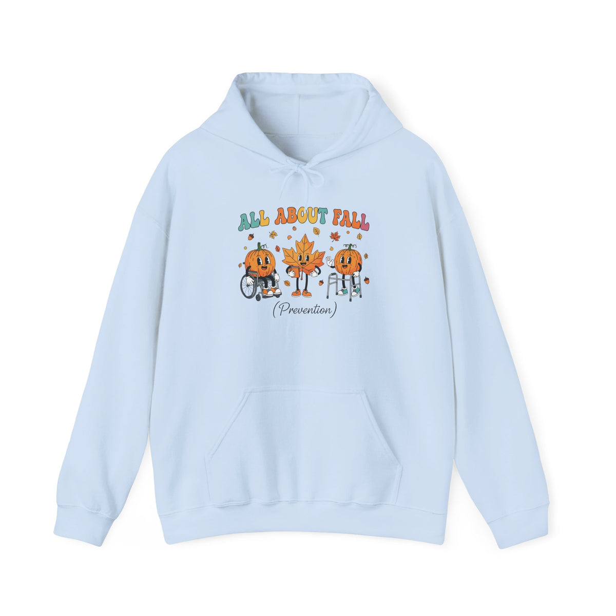 Light blue All About Fall Prevention hoodie with retro pumpkin and leaf characters
