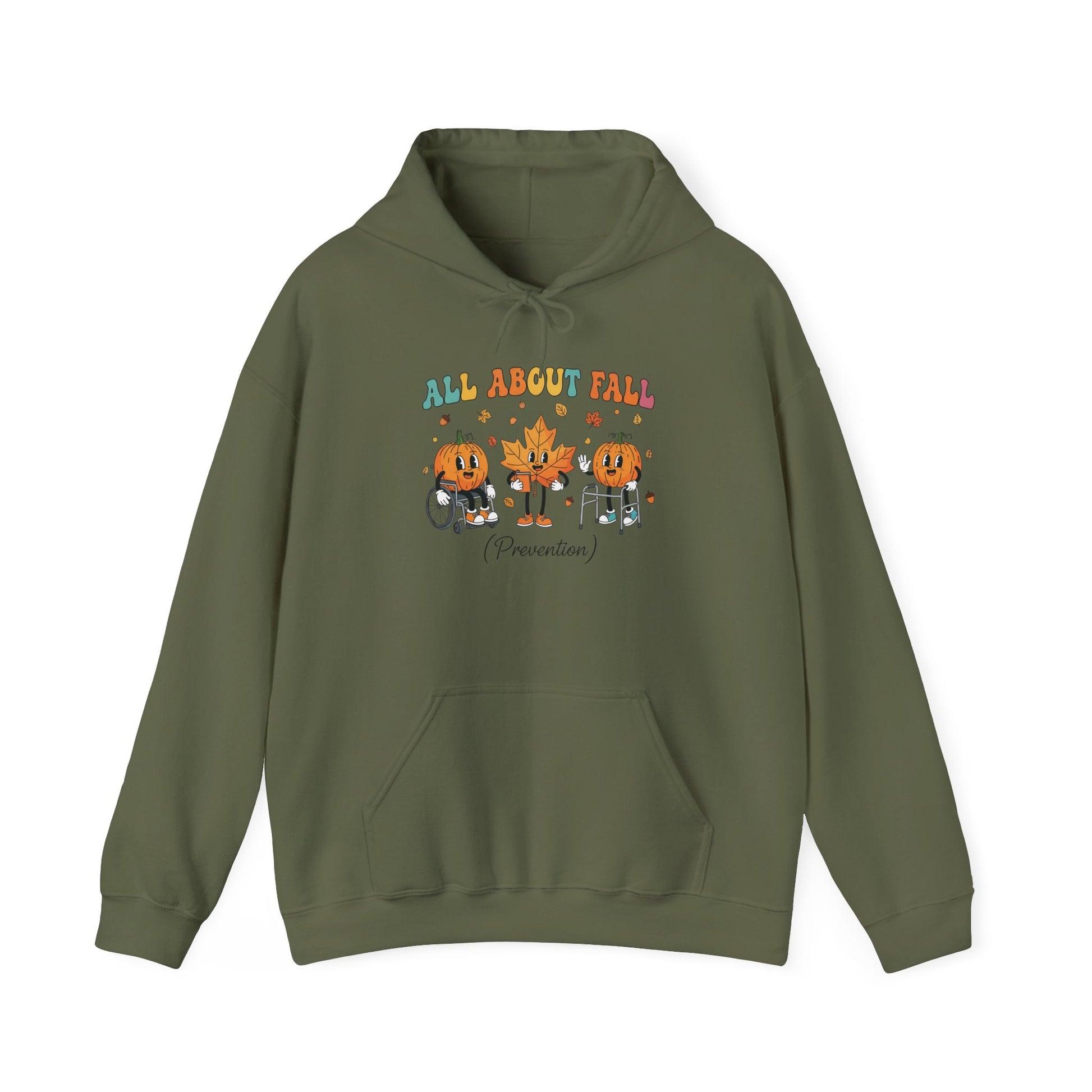 Military green All About Fall Prevention hoodie with retro pumpkin and leaf characters
