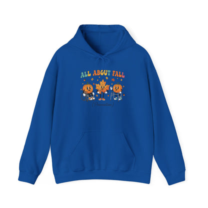 Royal blue All About Fall Prevention hoodie with retro pumpkin and leaf characters