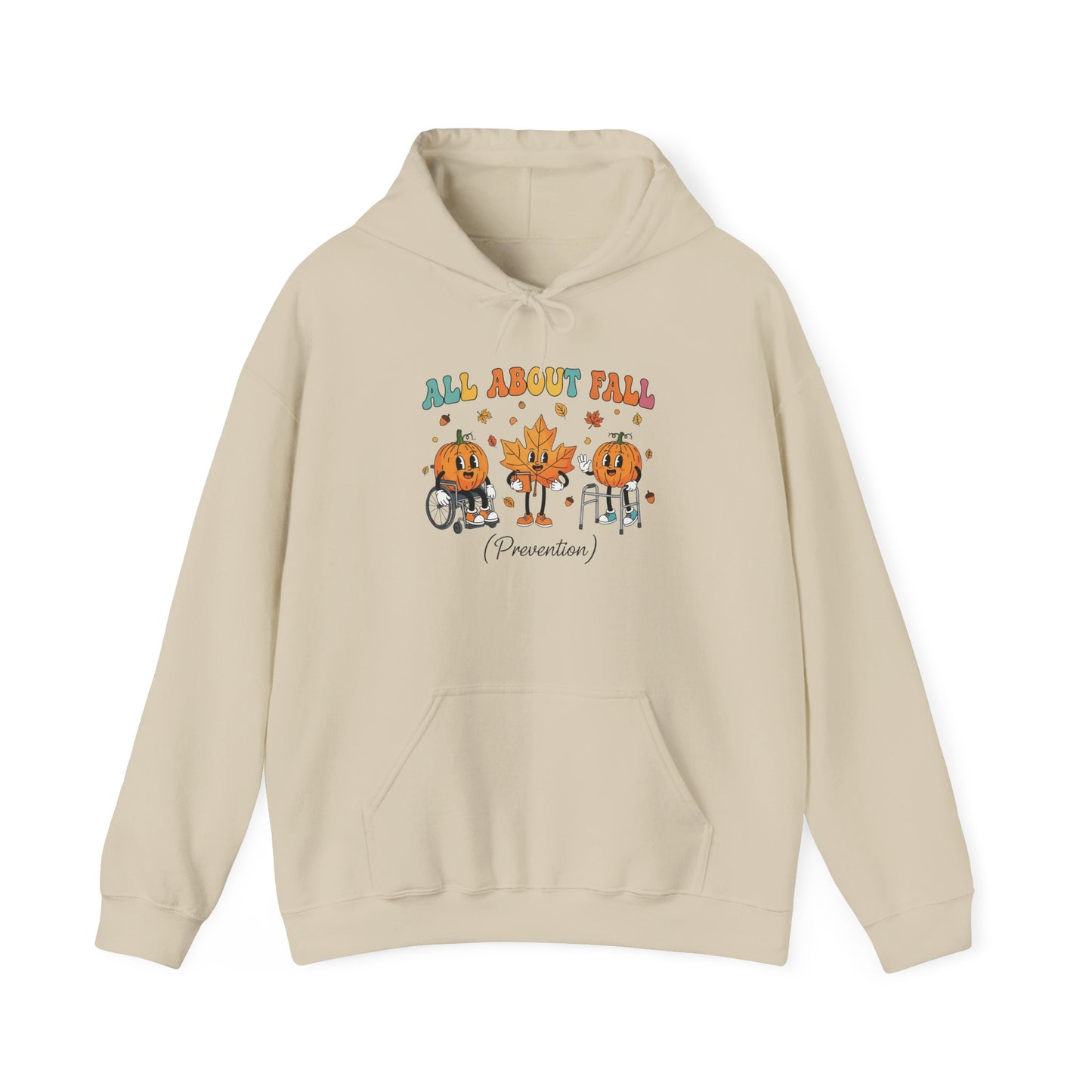 Sand All About Fall Prevention hoodie with retro pumpkin and leaf characters