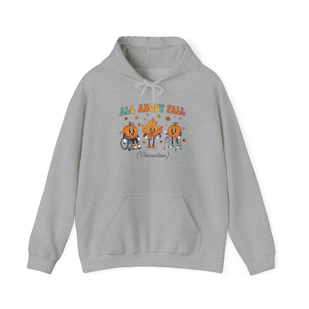 Sport grey All About Fall Prevention hoodie with retro pumpkin and leaf characters