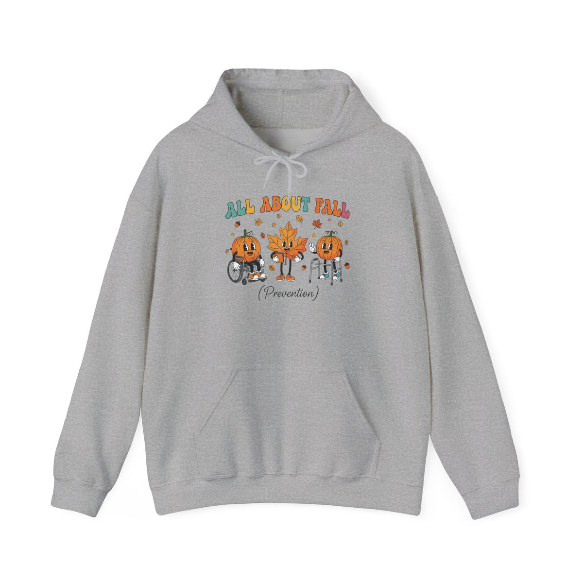 Sport grey All About Fall Prevention hoodie with retro pumpkin and leaf characters