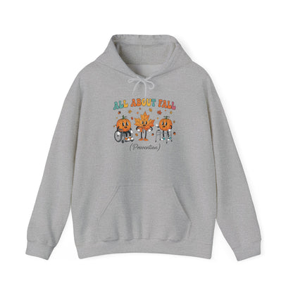 Sport grey All About Fall Prevention hoodie with retro pumpkin and leaf characters