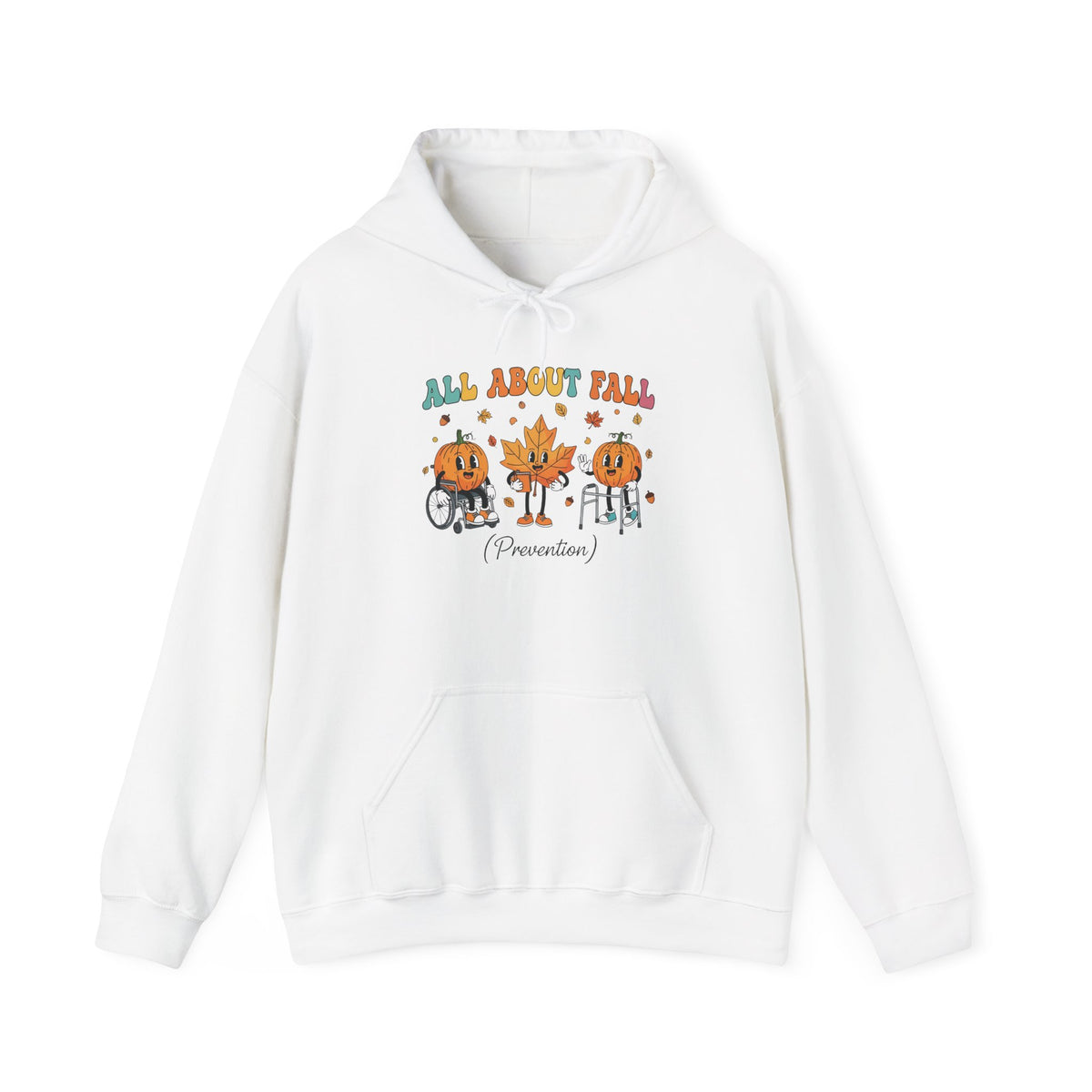 White All About Fall Prevention hoodie with retro pumpkin and leaf characters