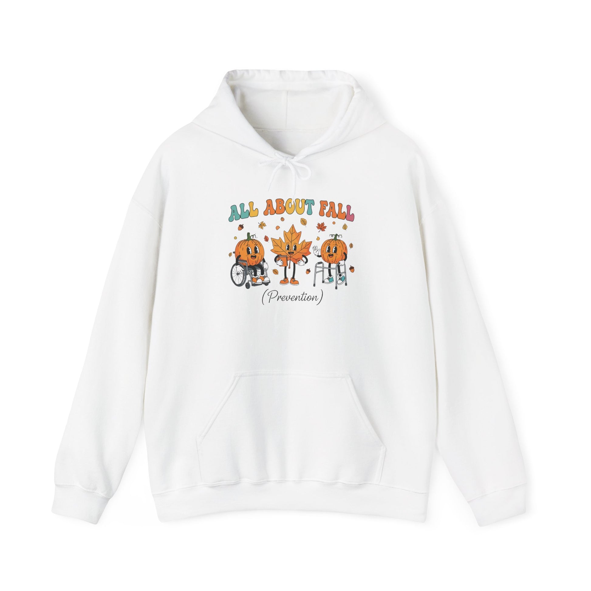 White All About Fall Prevention hoodie with retro pumpkin and leaf characters
