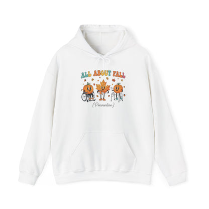 White All About Fall Prevention hoodie with retro pumpkin and leaf characters