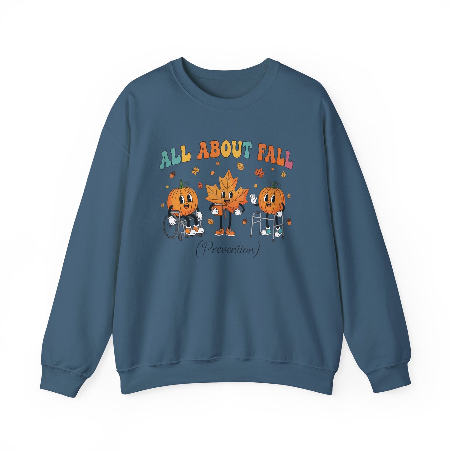 Indigo blue All About Fall Prevention sweatshirt with retro pumpkin and leaf characters