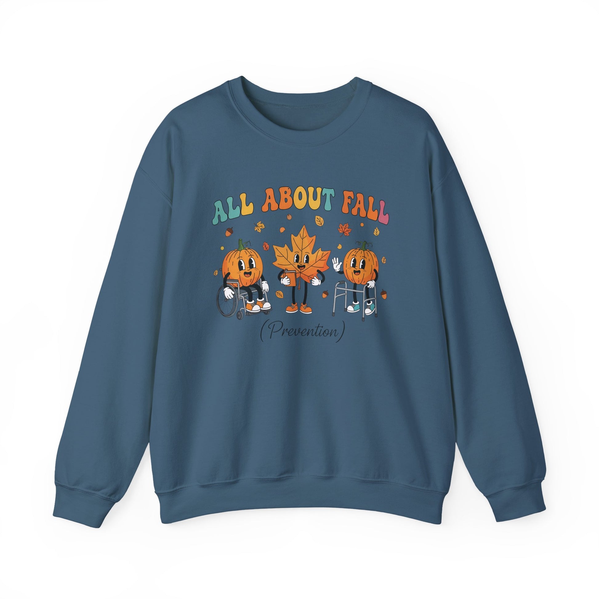 Indigo blue All About Fall Prevention sweatshirt with retro pumpkin and leaf characters