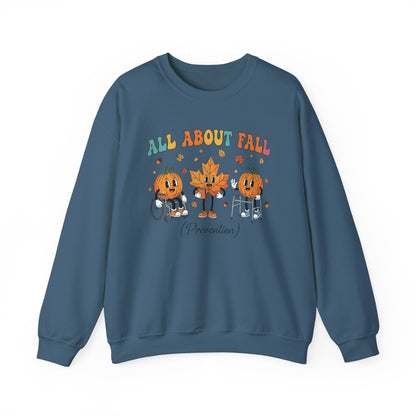 Indigo blue All About Fall Prevention sweatshirt with retro pumpkin and leaf characters