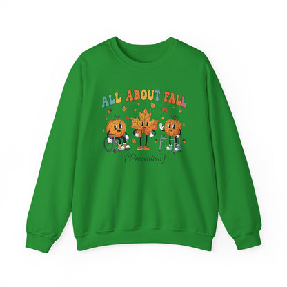 Irish green All About Fall Prevention sweatshirt with retro pumpkin and leaf characters