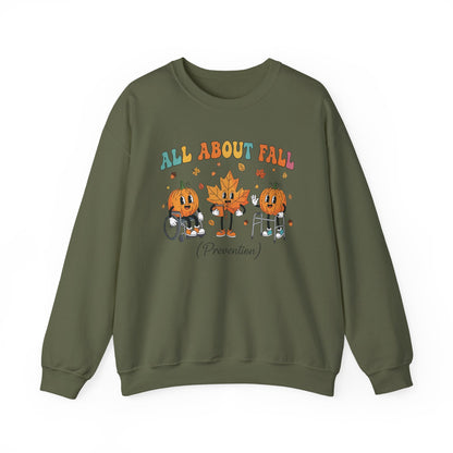 Military green All About Fall Prevention sweatshirt with retro pumpkin and leaf characters