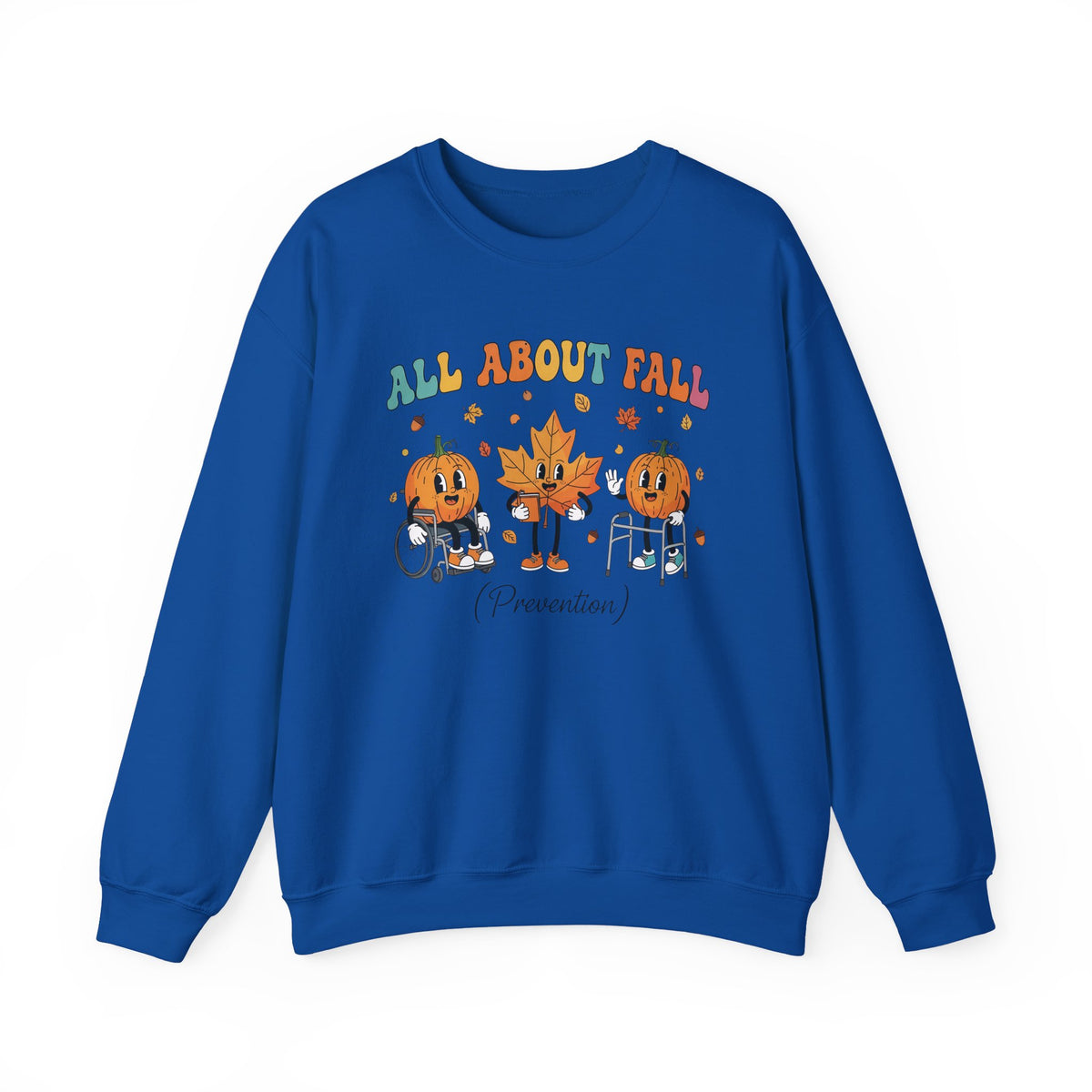 Royal blue All About Fall Prevention sweatshirt with retro pumpkin and leaf characters