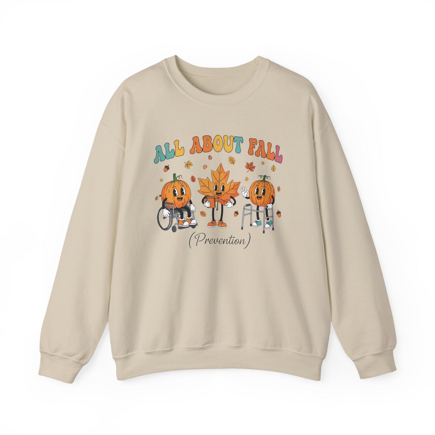 Sand All About Fall Prevention sweatshirt with retro pumpkin and leaf characters