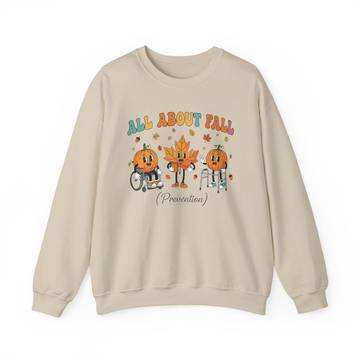 Sand All About Fall Prevention sweatshirt with retro pumpkin and leaf characters