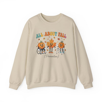 Sand All About Fall Prevention sweatshirt with retro pumpkin and leaf characters